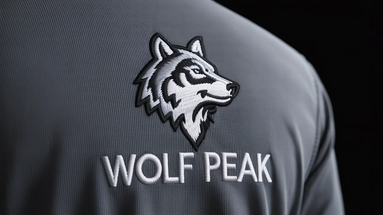 A close-up, detailed photograph of an embroidered logo on dark grey fabric. The logo features a majestic wolf head and the text 'WOLF PEAK' in silver and white thread, shown against a plain white background.