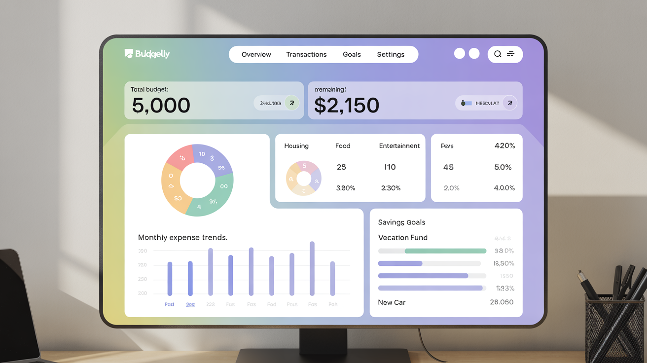 A professionally designed budget dashboard on a computer screen, showing a light theme with colorful charts for spending, monthly trends, and progress bars for savings goals.