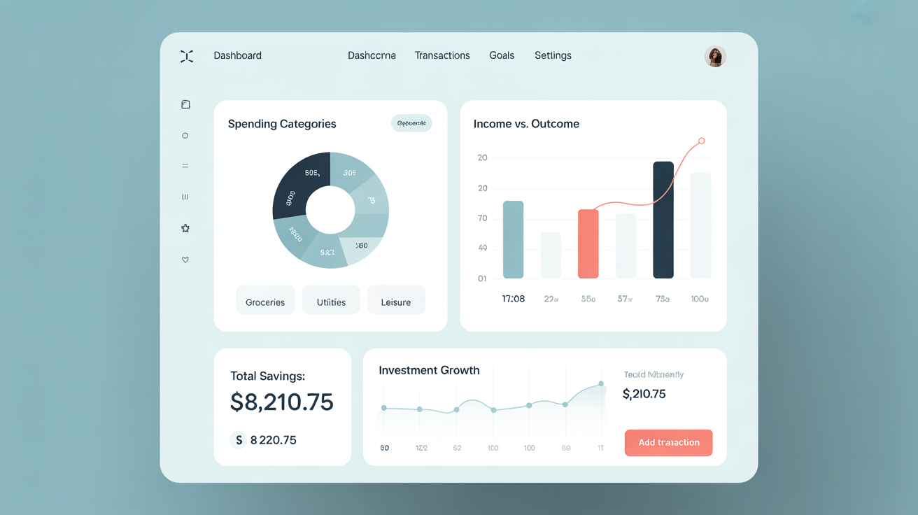 A mockup of a modern financial budget dashboard showing various charts and graphs, including spending categories and savings goals, in a clean, colorful layout.
