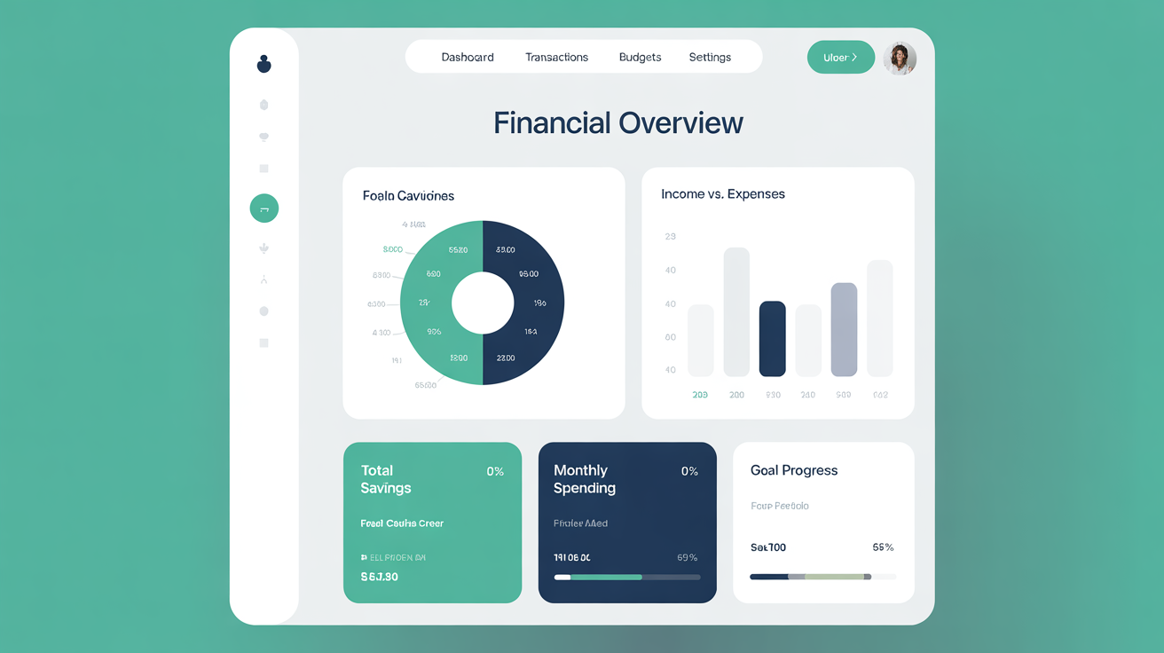 A modern and clean budget dashboard design, showing colorful charts and graphs for tracking income, expenses, and savings goals on a white background.