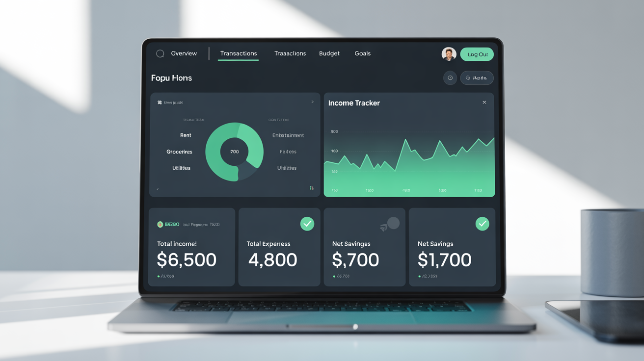 A modern laptop on a white background displaying a sleek, dark-themed budget dashboard with colorful charts and graphs tracking expenses, savings, and net worth.