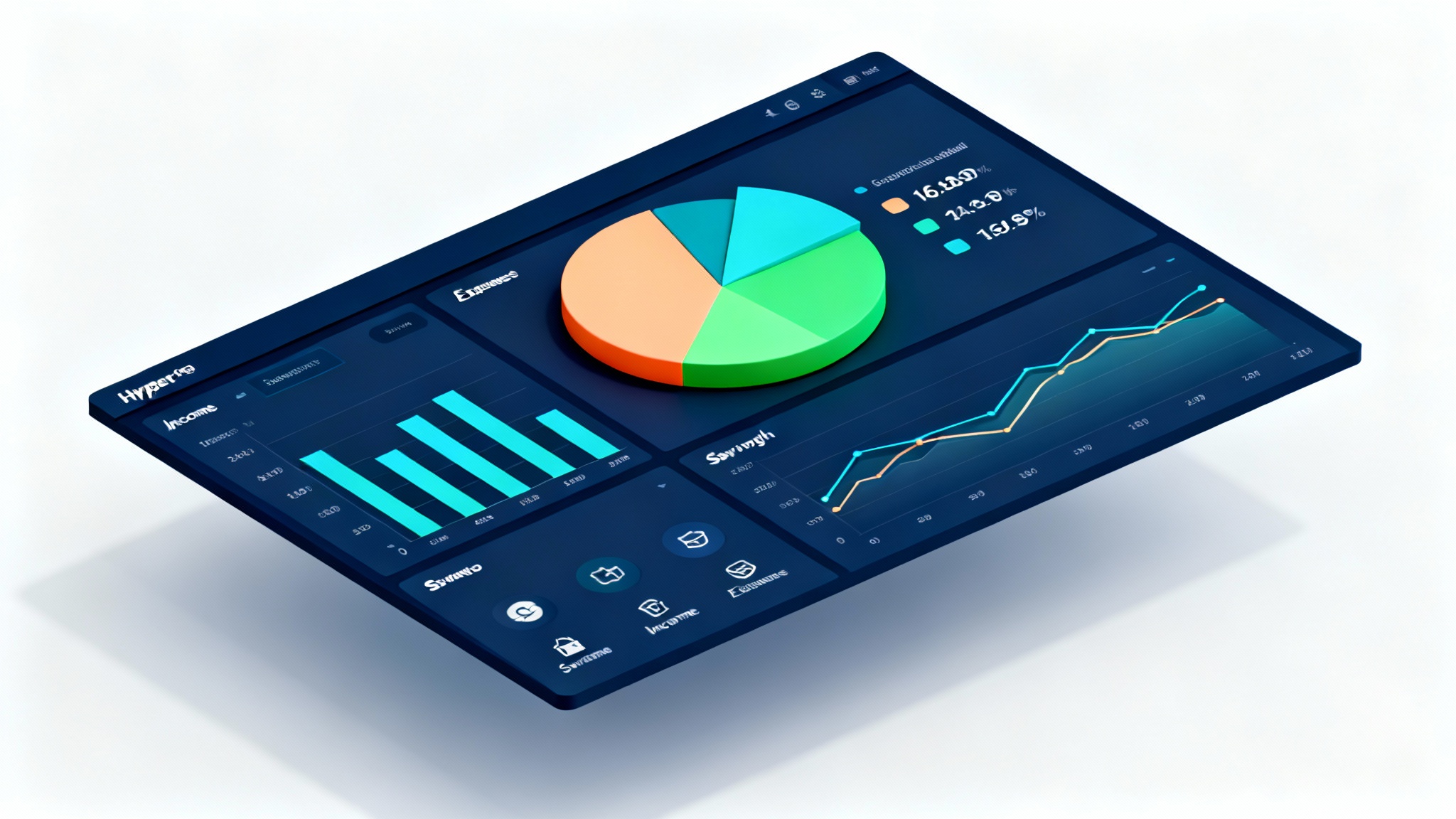 A 3D isometric mockup of a modern budget dashboard, featuring colorful pie charts and bar graphs on a clean white background, symbolizing financial organization.