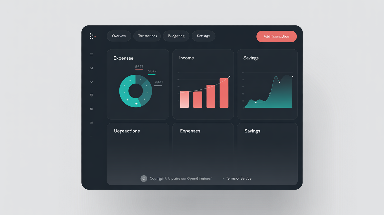A modern dark-themed budget dashboard mockup, featuring colorful charts and graphs for tracking income, expenses, and savings, displayed against a white background.