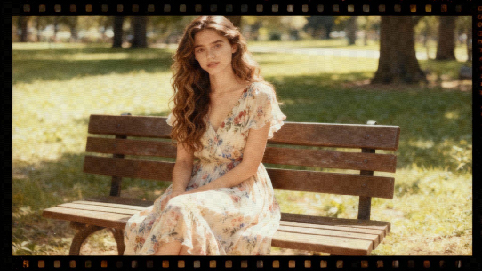 A nostalgic portrait of a young woman in a park, presented within a vintage 35mm film border with sprocket holes, creating a retro photo effect.