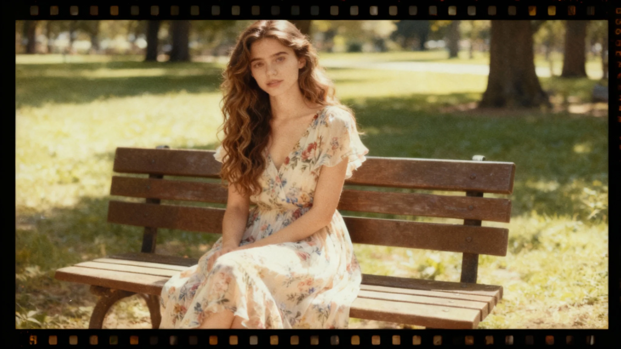 A nostalgic portrait of a young woman in a park, presented within a vintage 35mm film border with sprocket holes, creating a retro photo effect.