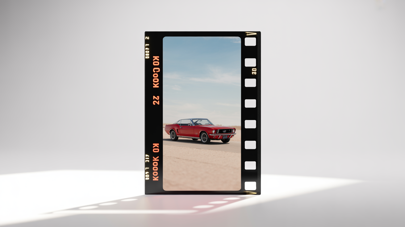 A vintage-style photograph of a red convertible in the desert, framed by a classic 35mm film border with sprocket holes.