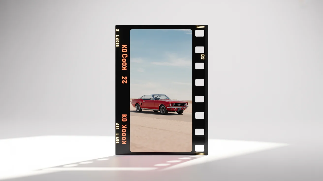 A vintage-style photograph of a red convertible in the desert, framed by a classic 35mm film border with sprocket holes.