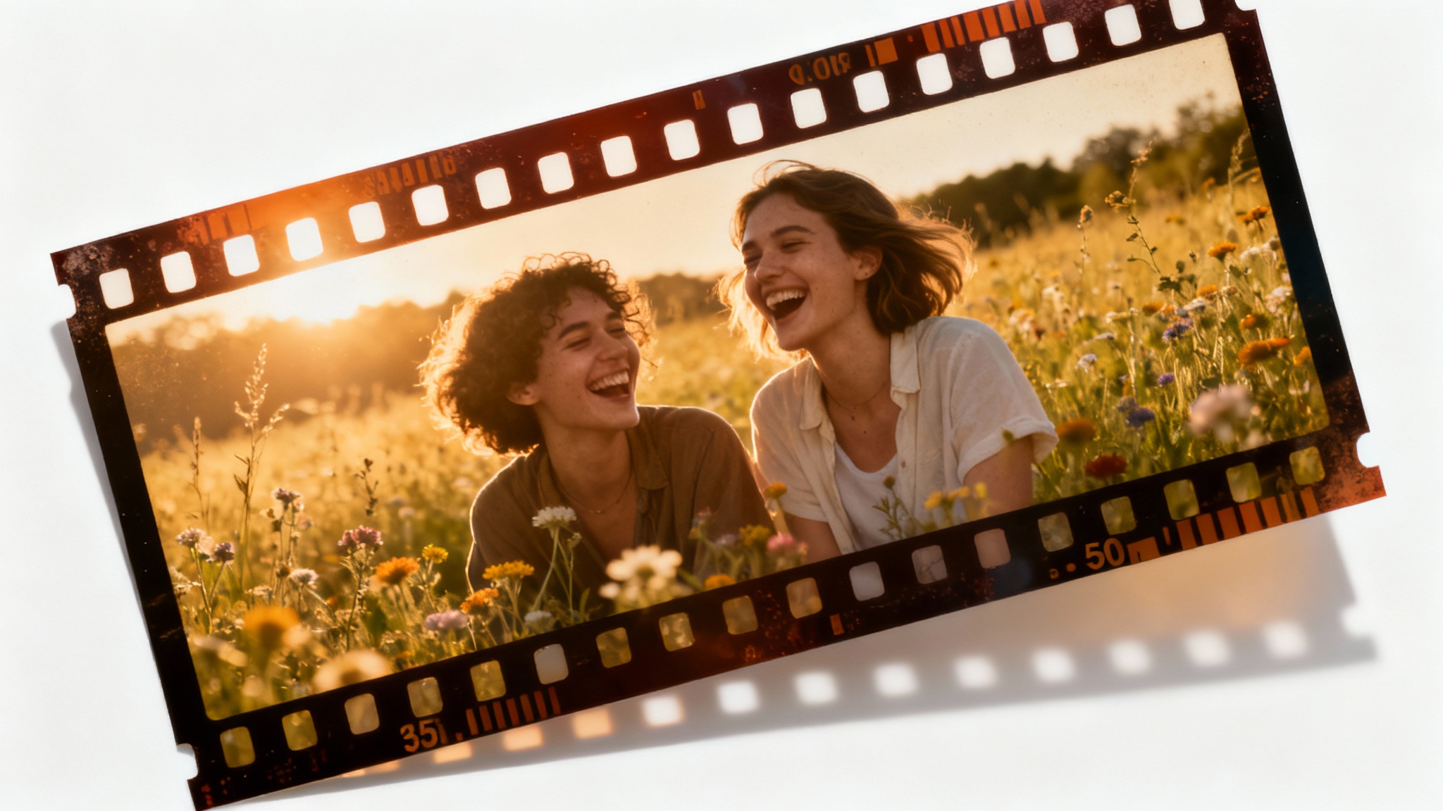 A realistic mockup of a single photograph featuring two friends in a sunny field, framed by a vintage 35mm film border with sprocket holes, set against a plain white background.
