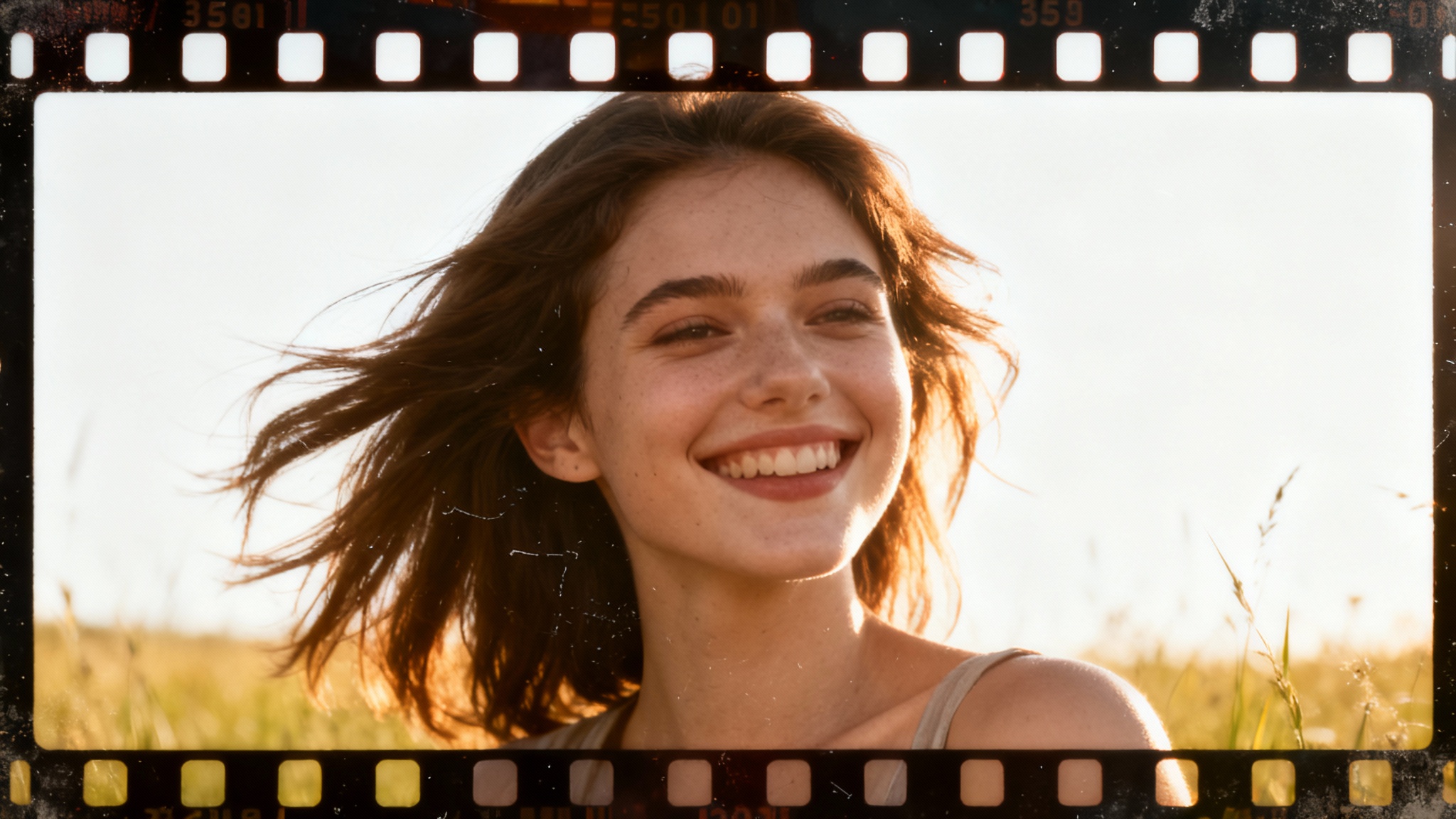 A vintage-style photograph of a smiling woman in a meadow, framed by a classic 35mm film strip border, on a white background.
