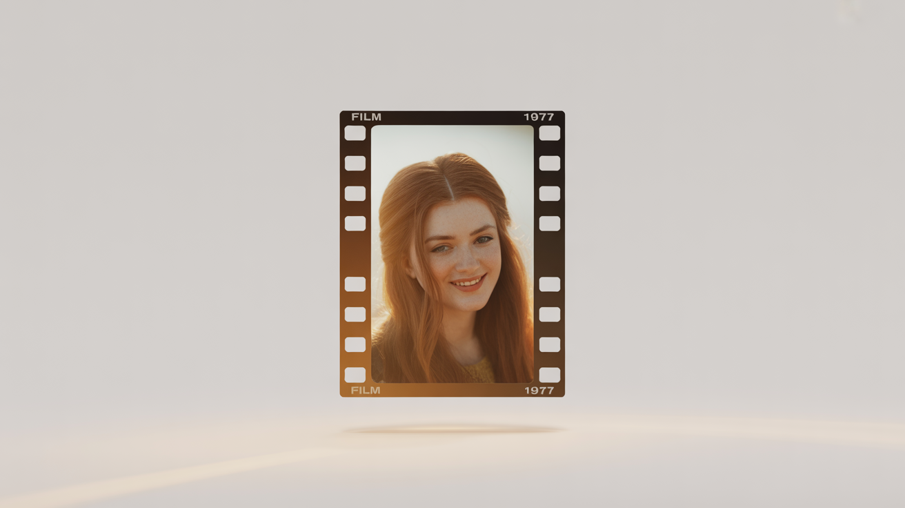 A photorealistic mockup of a single vertical photograph with a vintage 35mm film border, featuring a portrait from the 1970s, isolated on a white background.