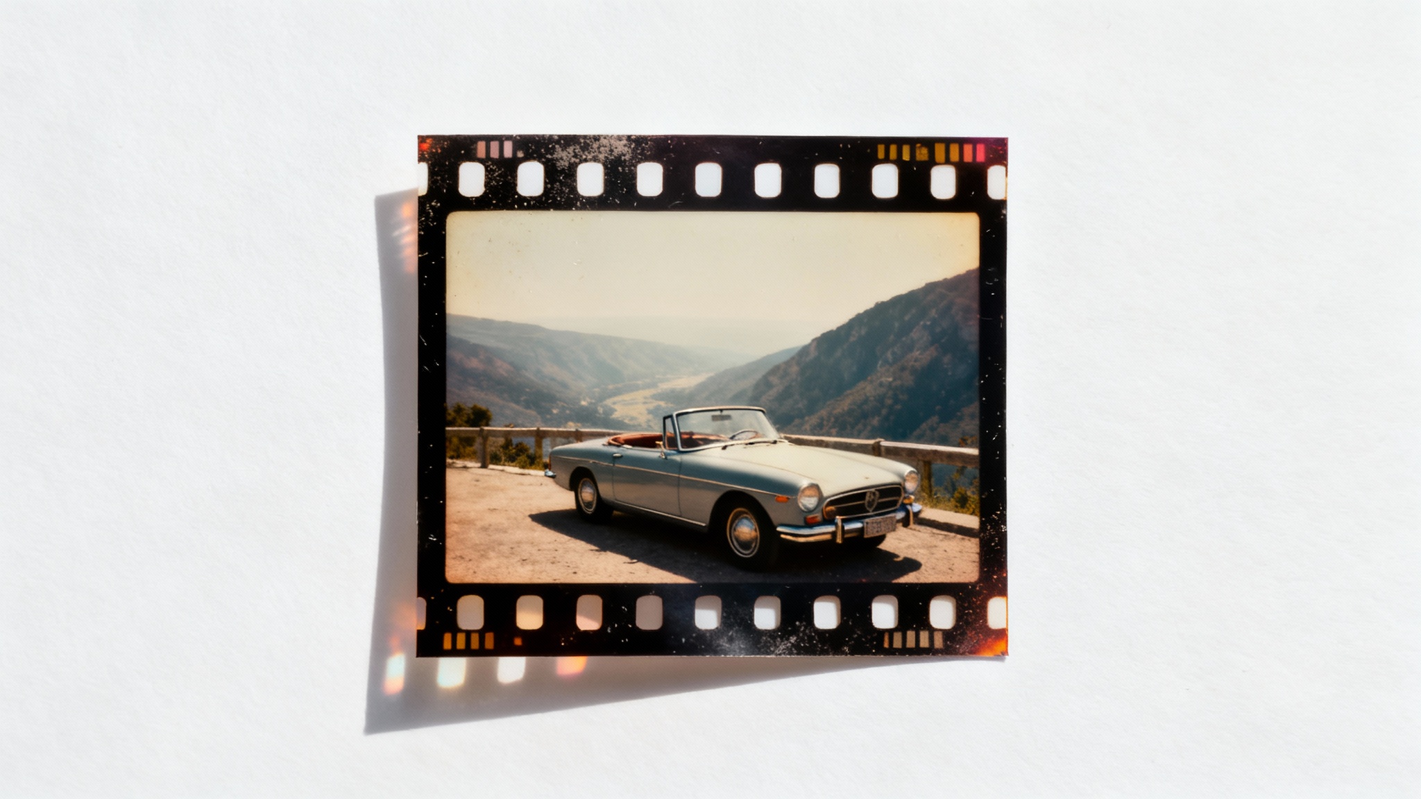 A mockup of a vintage film border applied to a photograph of a retro car overlooking a mountain range, set against a plain white background.