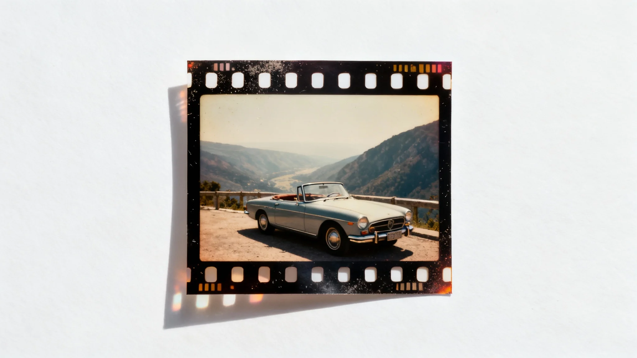 A mockup of a vintage film border applied to a photograph of a retro car overlooking a mountain range, set against a plain white background.