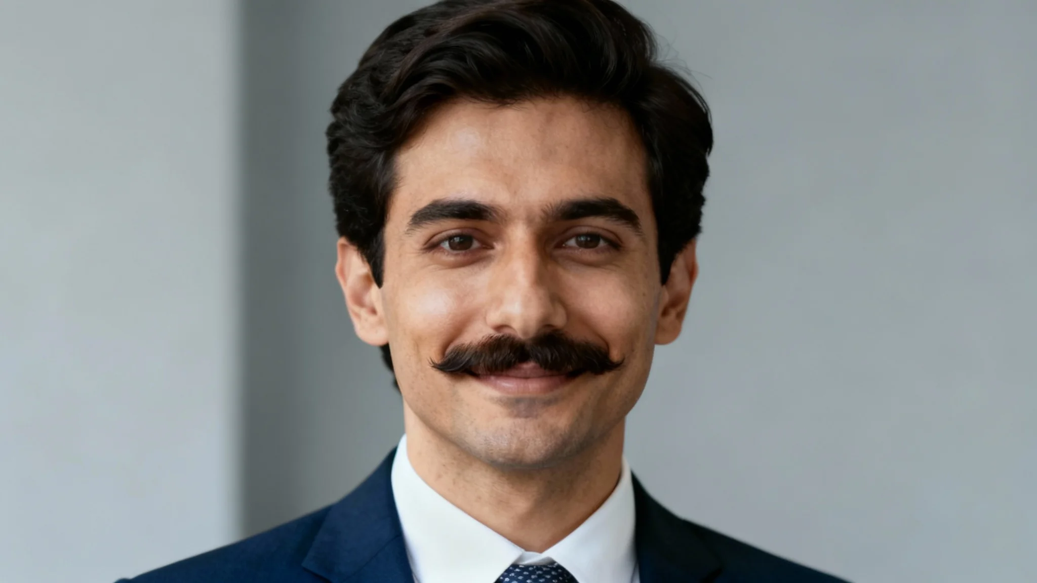 A professional headshot of a man in a suit, showing the 'after' result of a tool that has flawlessly added a realistic mustache to his face.