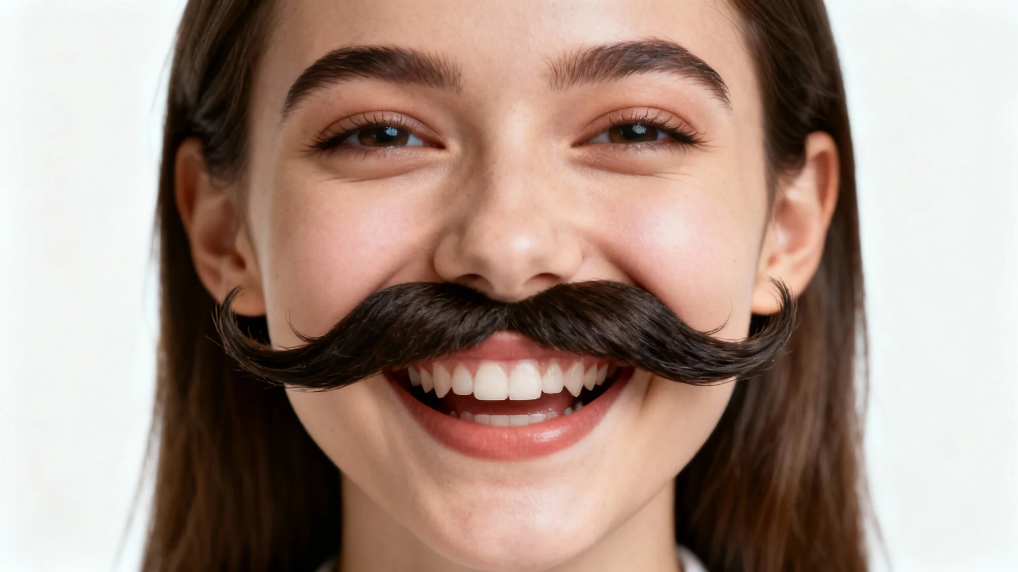 A close-up portrait of a laughing woman with a large, comical handlebar mustache digitally added to her face, set against a plain white background to illustrate a photo editing feature.