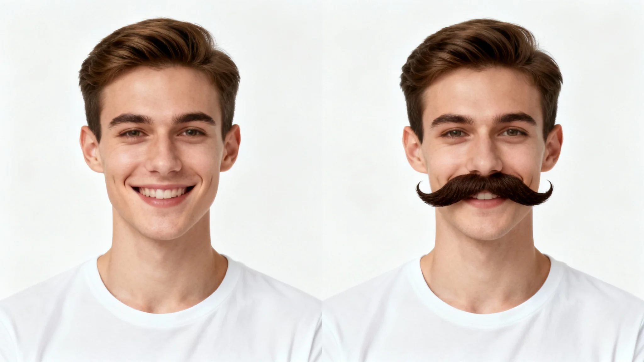 A before-and-after comparison image showing a headshot of a man. The 'before' image shows him clean-shaven, and the 'after' image shows him with a thick mustache digitally added.