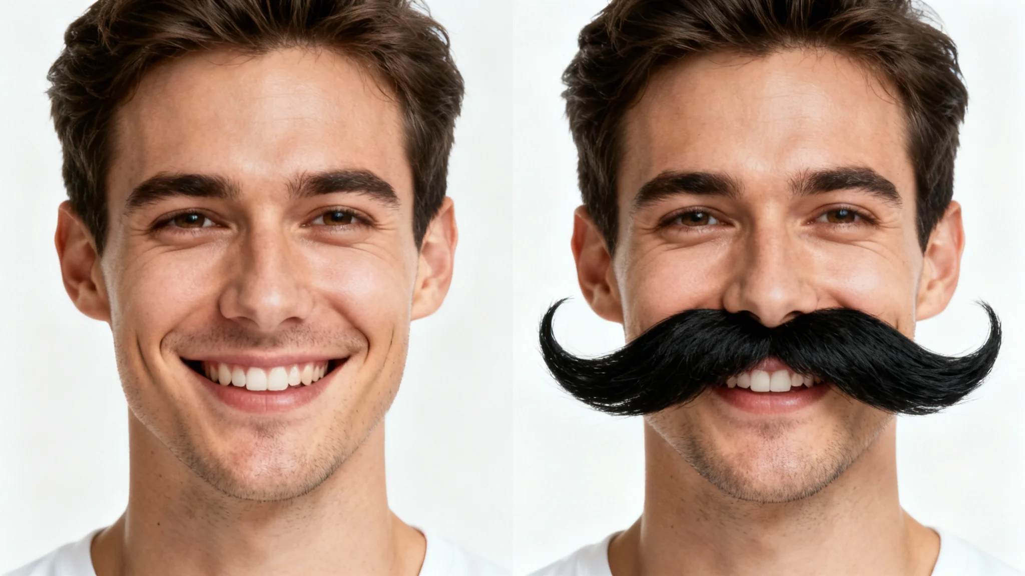 A before-and-after split image showing a man's face against a white background. On the left, he is clean-shaven and smiling; on the right, the same man has a large, comedic mustache added to his face.