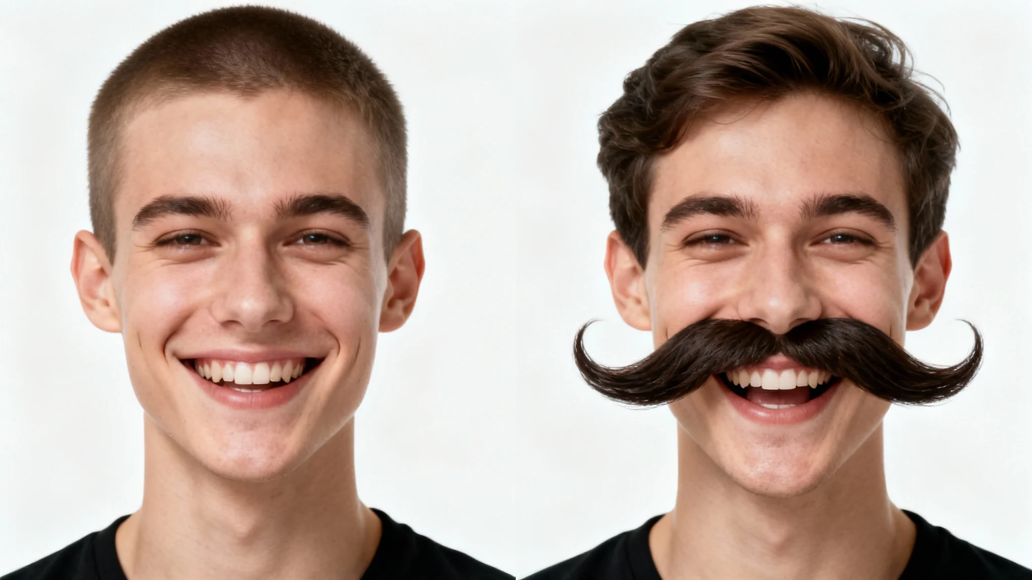 A before-and-after comparison image. The left side shows a smiling, clean-shaven man. The right side shows the same man with a large, humorous handlebar mustache added to his face.