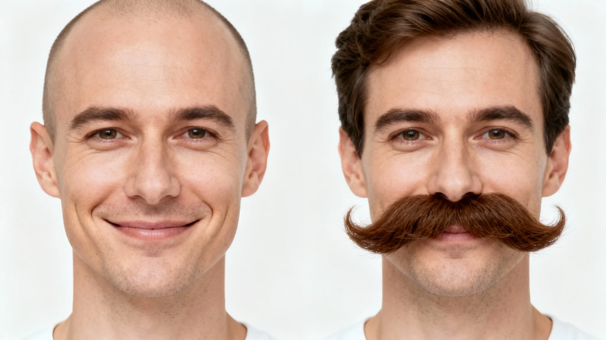 A side-by-side comparison of a man's portrait. The left image shows him clean-shaven, and the right image shows him with a large, digitally added handlebar mustache.
