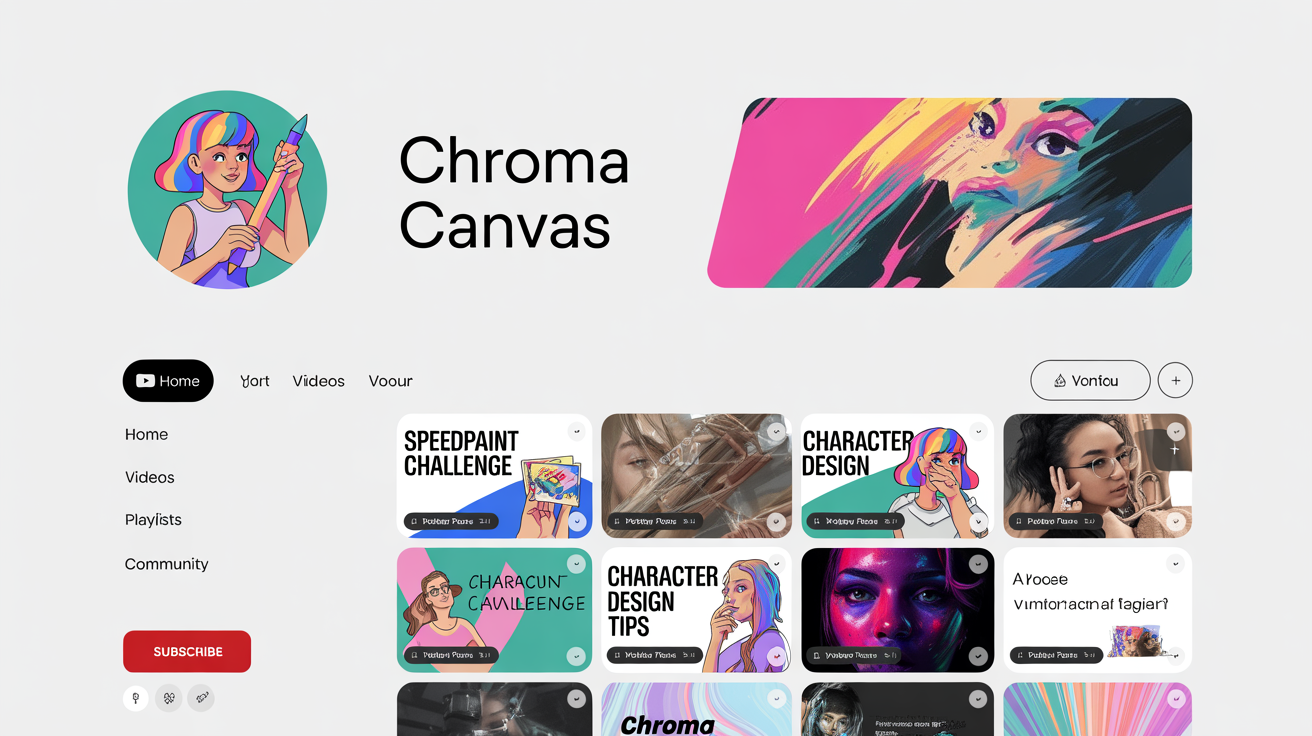 A professionally designed YouTube channel page for a digital artist named 'Chroma Canvas', showing the final circular channel icon of a woman with colorful hair, a complementary banner, and video thumbnails for art tutorials.