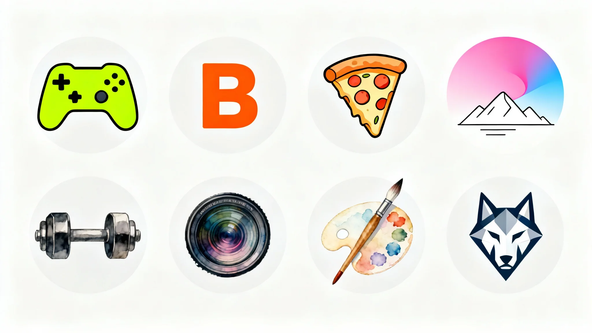 A collection of nine professionally designed YouTube channel icons arranged in a grid, showcasing a variety of styles for different niches like gaming, food, travel, and fitness.