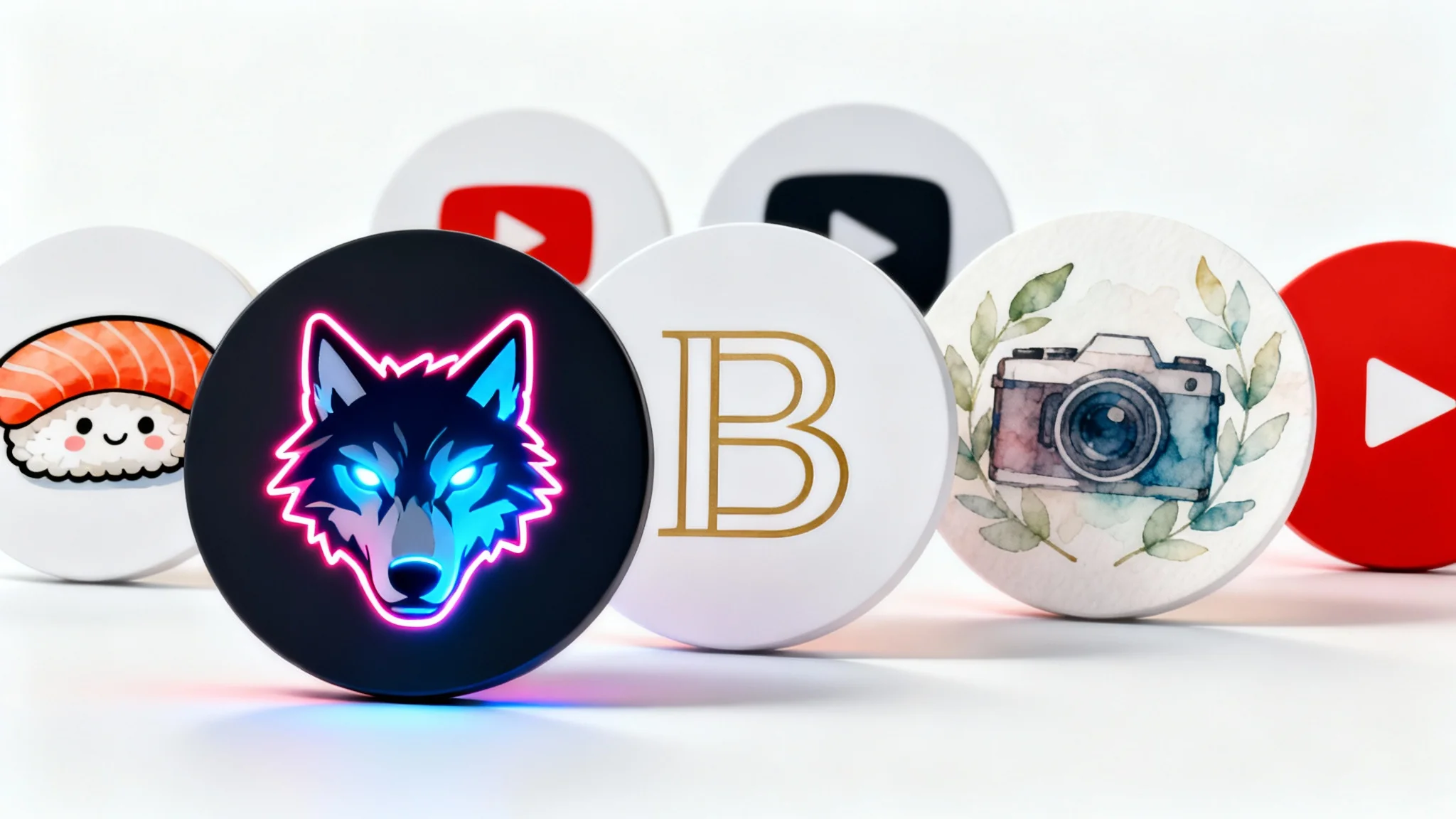 A collection of diverse, professionally designed circular YouTube channel icons for gaming, food, business, and photography, floating against a white background.