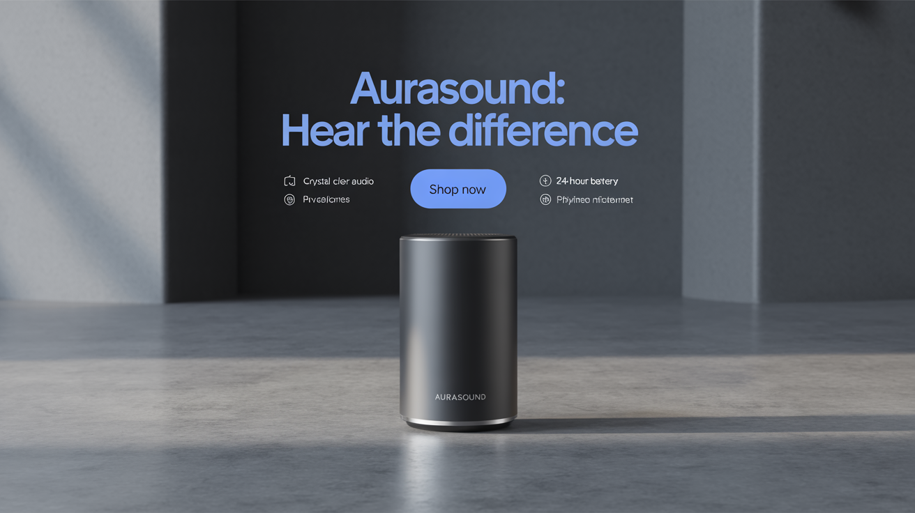 An eye-catching hero image of a professionally designed product flyer for a sleek Bluetooth speaker, featuring modern typography and a clean layout in a 16:9 aspect ratio.