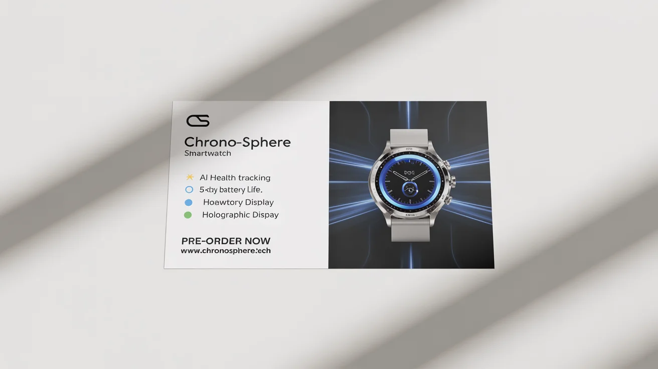 A modern product flyer for a fictional 'Chrono-Sphere' smart watch, laid flat on a white background. The flyer showcases the watch's design and features like 'AI Health Tracking'.