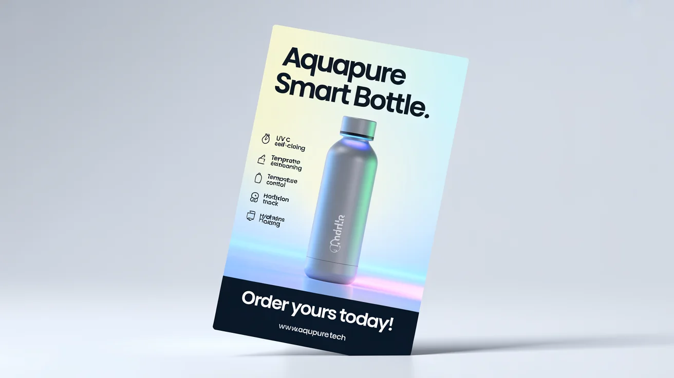 A professionally designed mockup of a product flyer for the 'AquaPure Smart Bottle', featuring a sleek silver water bottle and text highlighting its smart features, set against a clean white background.
