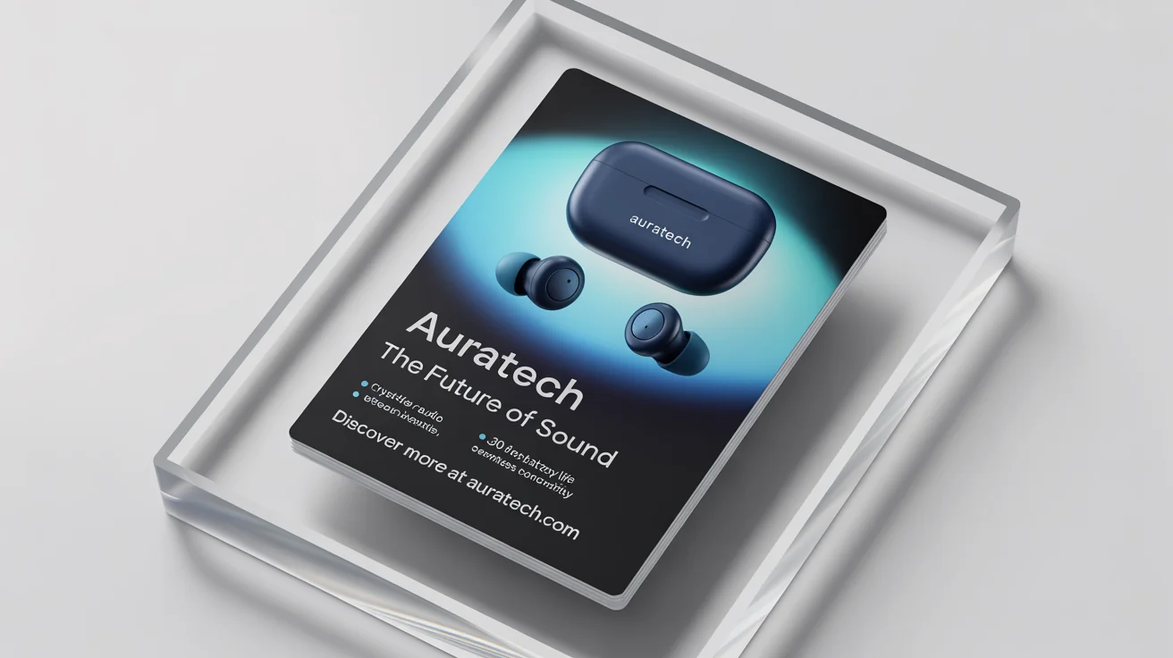 A modern product flyer for 'AuraTech' wireless earbuds, showcasing its features on a clean white background.
