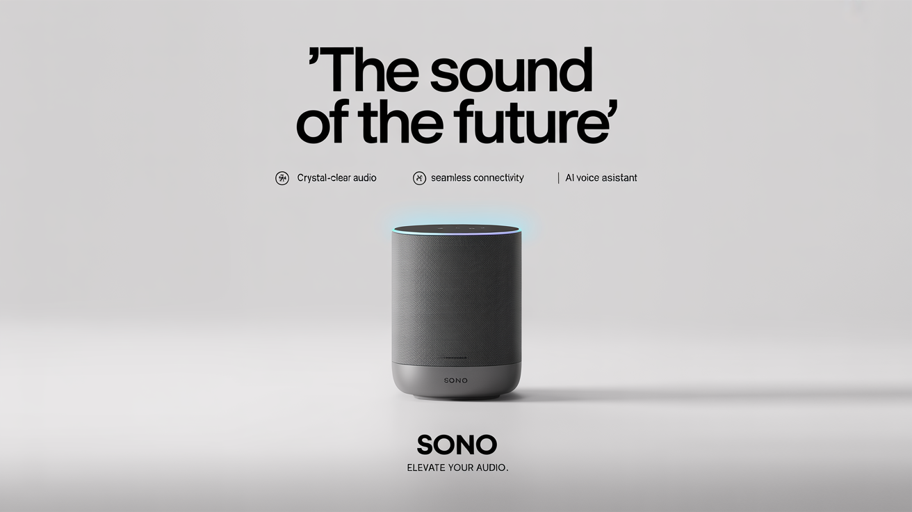 A photorealistic mockup fatores a modern product flyer for a 'SONO' smart home speaker, displayed against a stark white background.