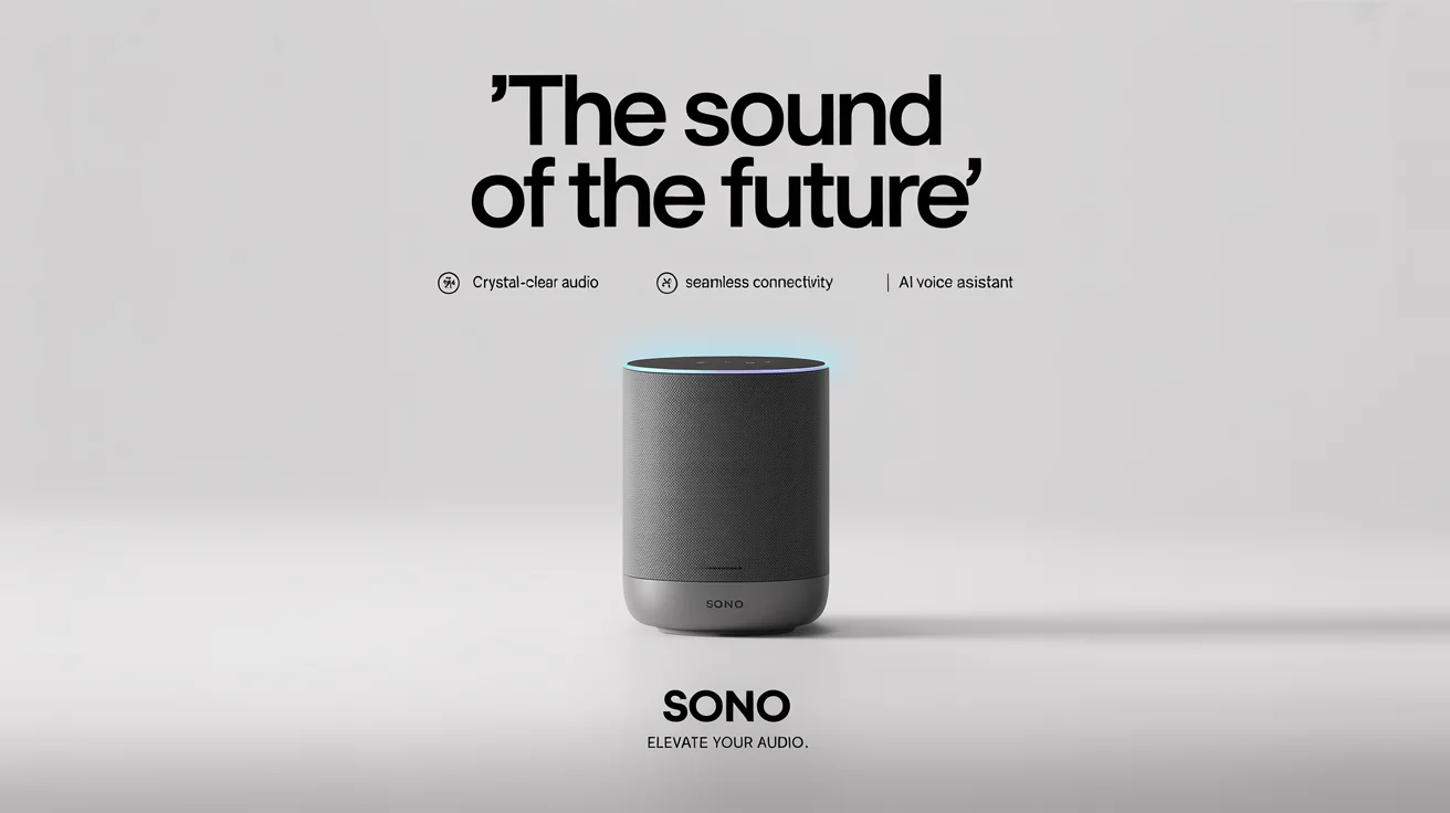 A photorealistic mockup fatores a modern product flyer for a 'SONO' smart home speaker, displayed against a stark white background.