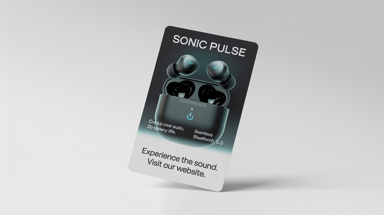 A professionally designed product flyer for 'SONIC PULSE' wireless earbuds, shown as a mockup on a white background. The flyer has a dark, modern design with cyan accents.