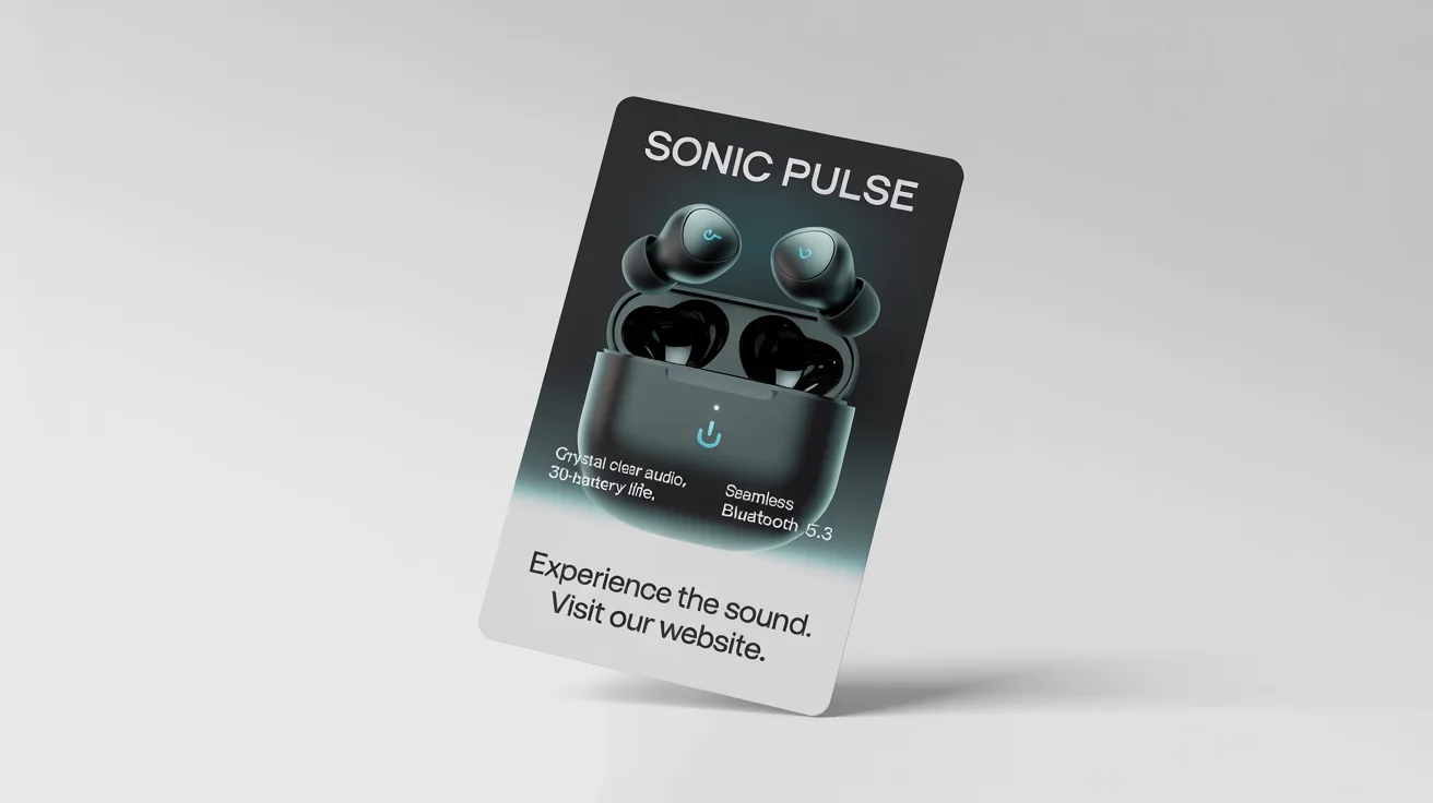A professionally designed product flyer for 'SONIC PULSE' wireless earbuds, shown as a mockup on a white background. The flyer has a dark, modern design with cyan accents.