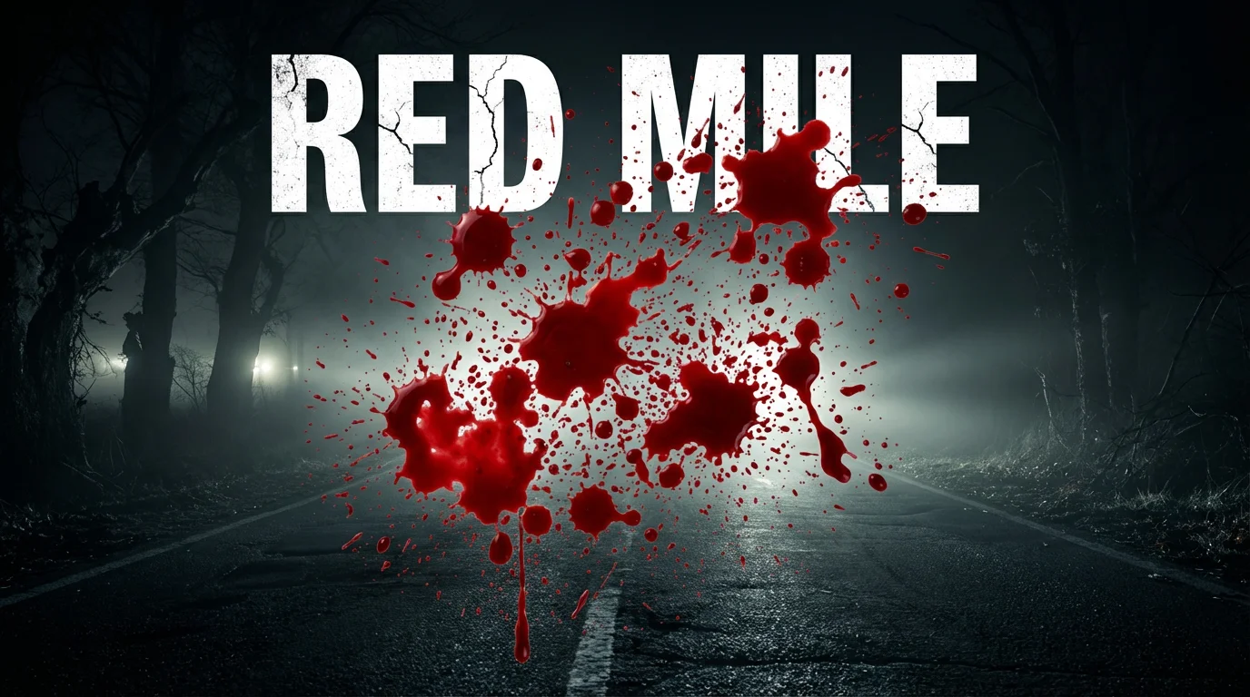 A dramatic horror movie poster for a fictional film titled 'RED MILE', featuring a large, realistic red blood splatter splashed across a dark image of a foggy road at night.