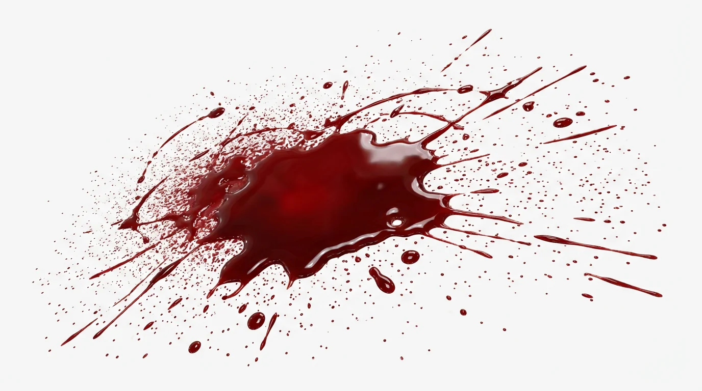 A photorealistic image of a vibrant red blood splatter with various droplets and streaks, isolated on a plain white background, ready for use as a digital asset.