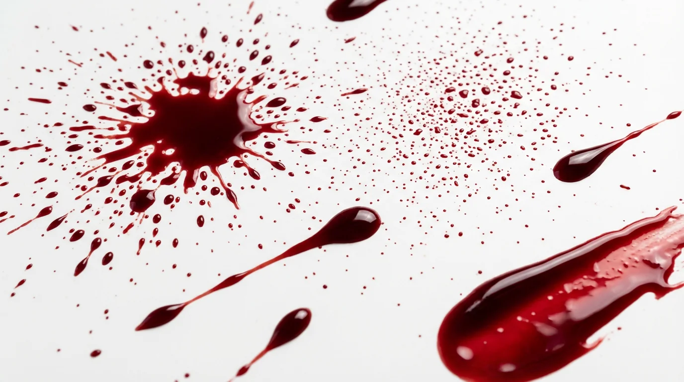 A mockup image displaying a variety of realistic red blood splatters and drips arranged cleanly on a solid white background.