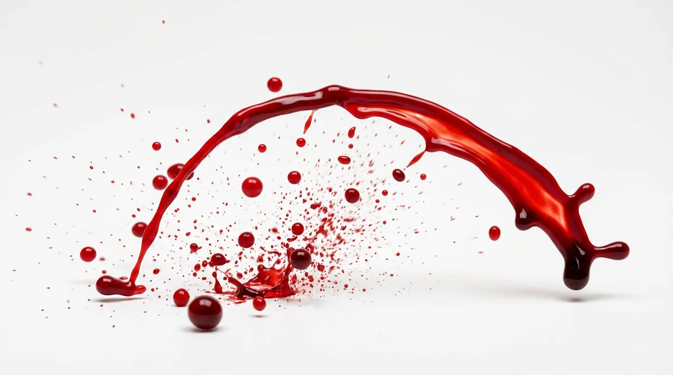 A realistic, high-resolution image of a crimson blood splatter, isolated on a clean white background, showcasing its use as a graphic design element.