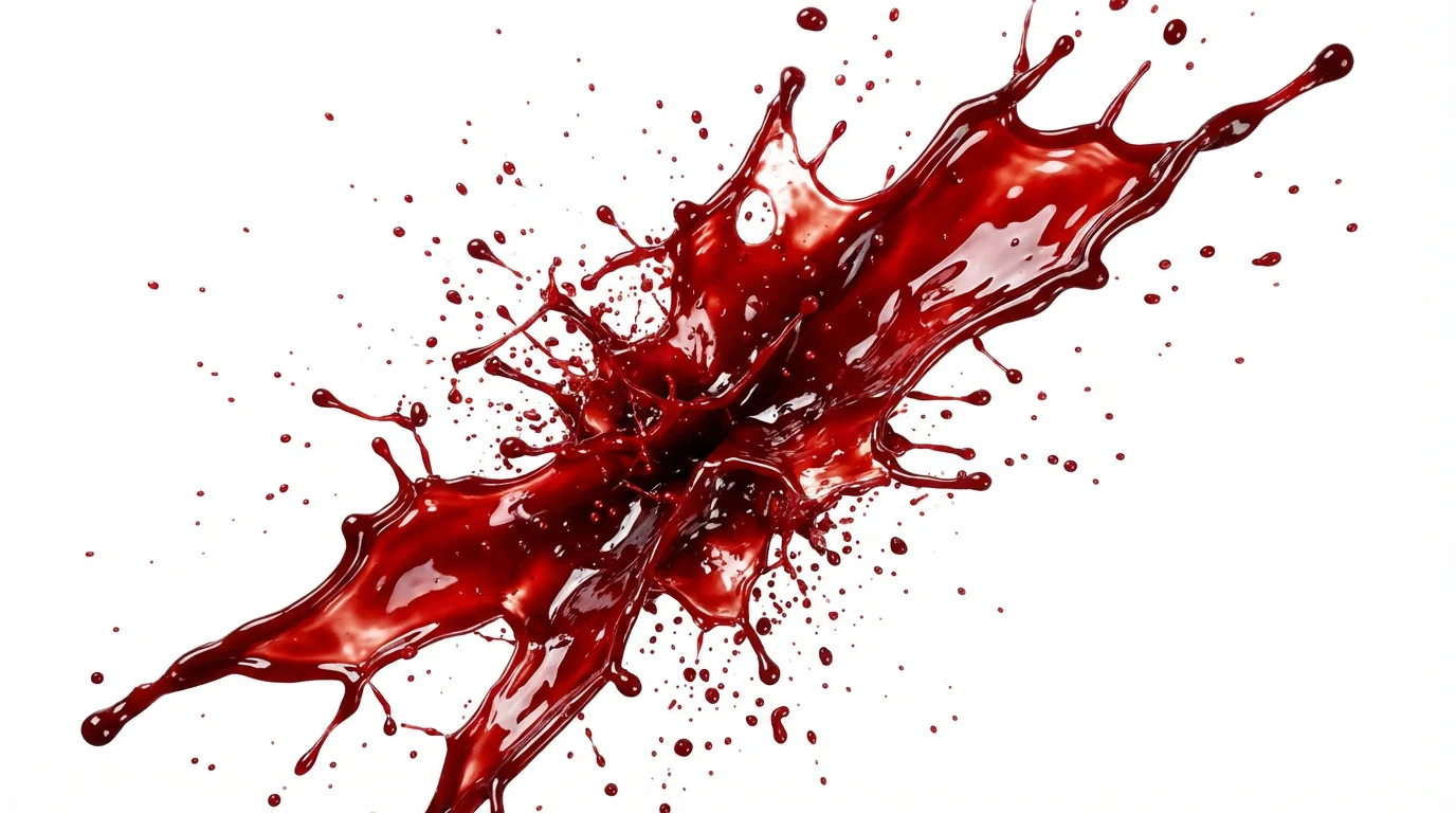 A photorealistic mockup of a single, dynamic blood splatter with deep red drips and splashes, presented as a graphic asset on a clean white background.