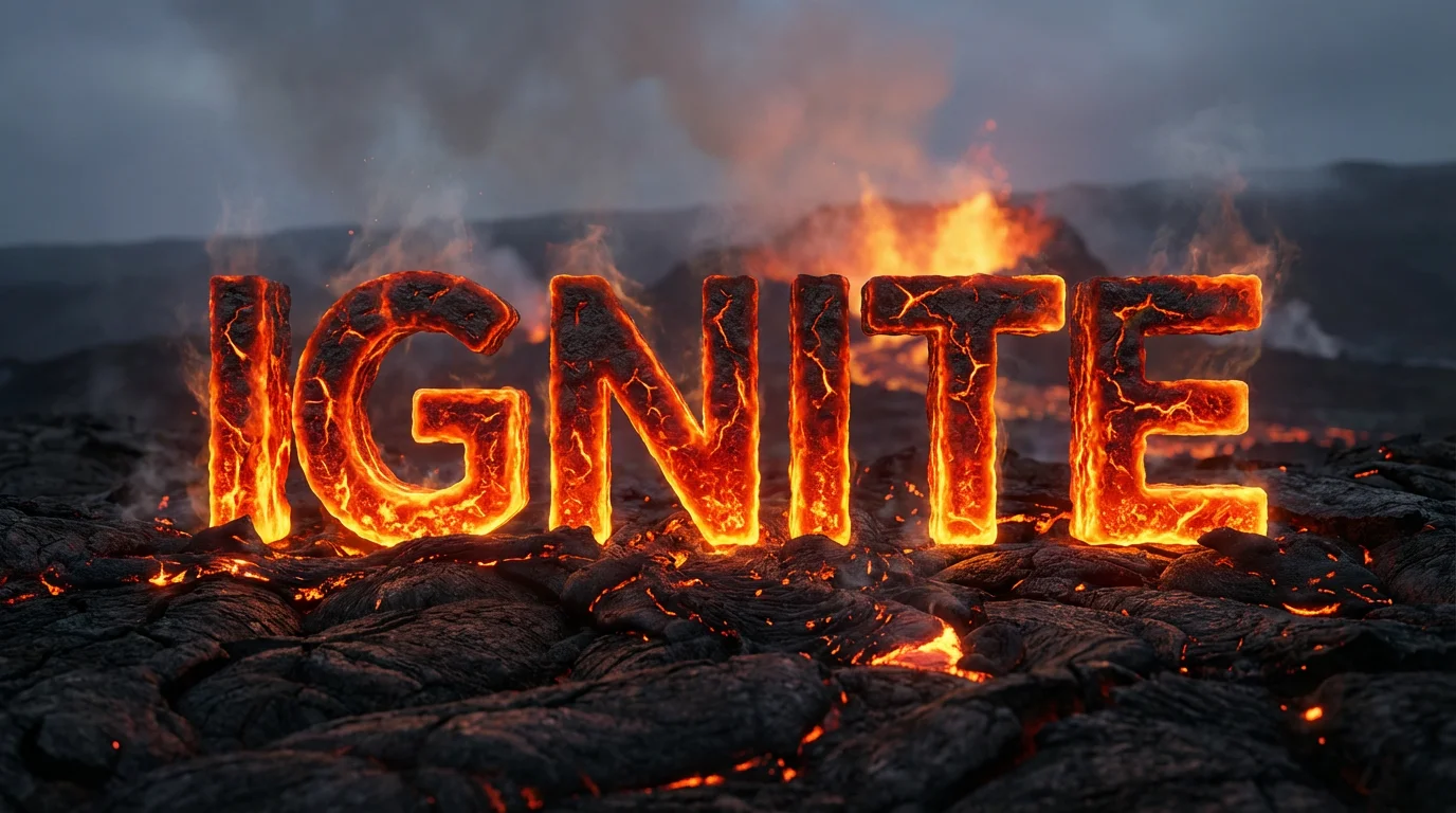 The word 'IGNITE' is displayed in a fiery, molten lava text effect. The letters glow with bright orange and red colors against a dark, rocky background, giving the impression of intense heat and power.