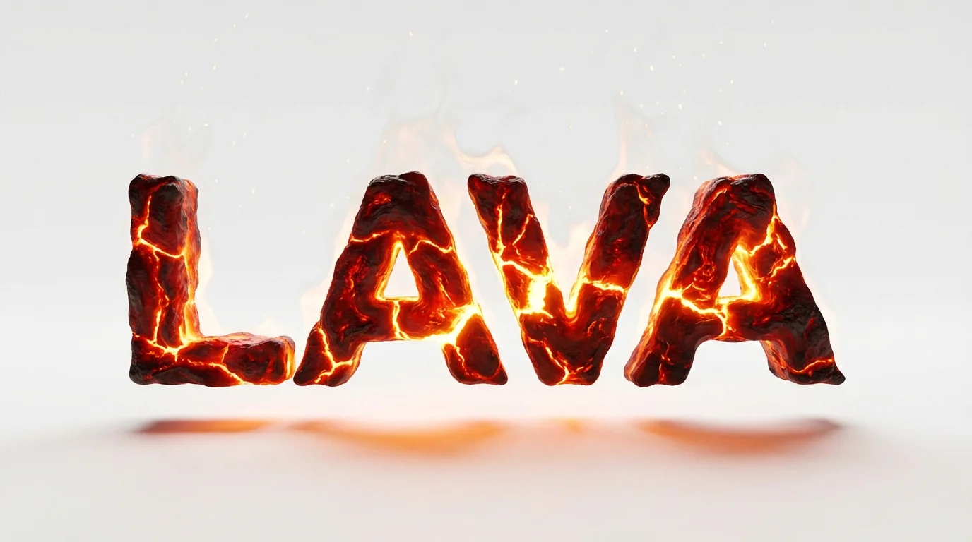 A hyper-realistic 3D text effect showing the word "LAVA" as if it were made of molten, cracking magma, glowing with intense heat against a clean white background.