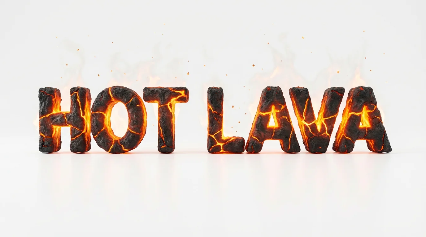 The words 'HOT LAVA' rendered in a hyperrealistic molten lava text effect, glowing with fiery oranges and reds from within the dark, cracked rock-like letters, presented against a clean white background.