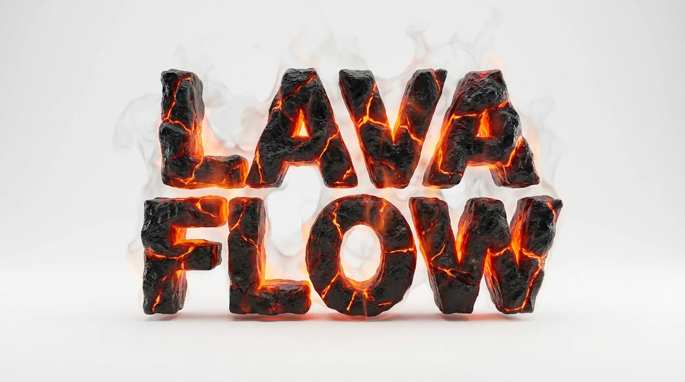 The words 'LAVA FLOW' are displayed in a realistic 3D text effect that mimics molten lava, with a dark, cracked crust and glowing orange fissures, set against a plain white background.