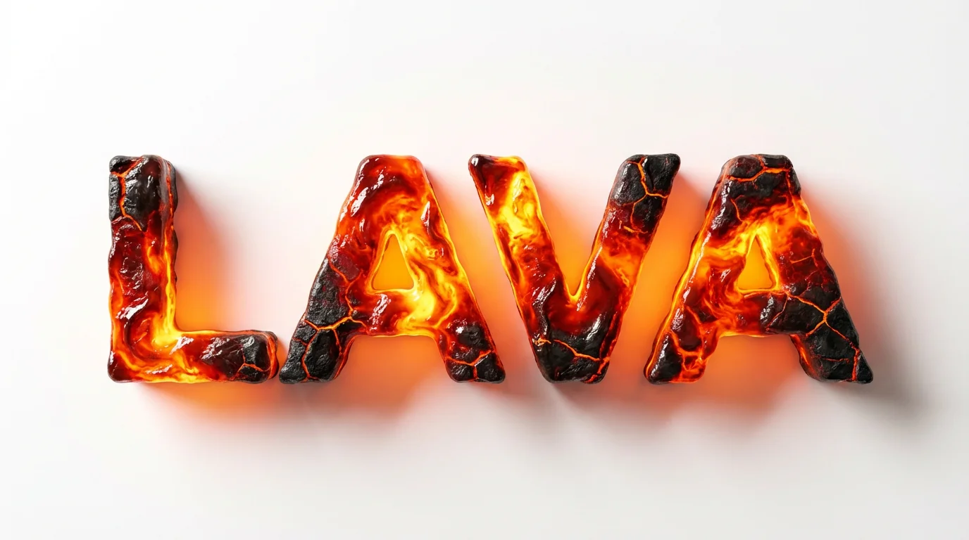 The word 'LAVA' is displayed in a realistic 3D text effect that mimics molten lava, with glowing orange and red textures and cracked dark rock, set against a solid white background.