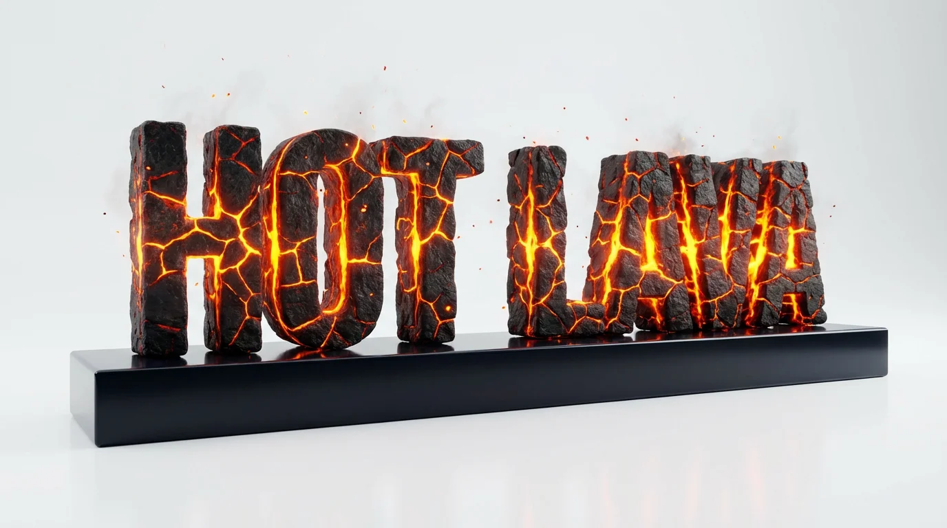A 3D text effect mockup displaying the words 'HOT LAVA' as if they were forged from cooling volcanic rock, with glowing molten lava shining through the cracks, set against a clean white background.