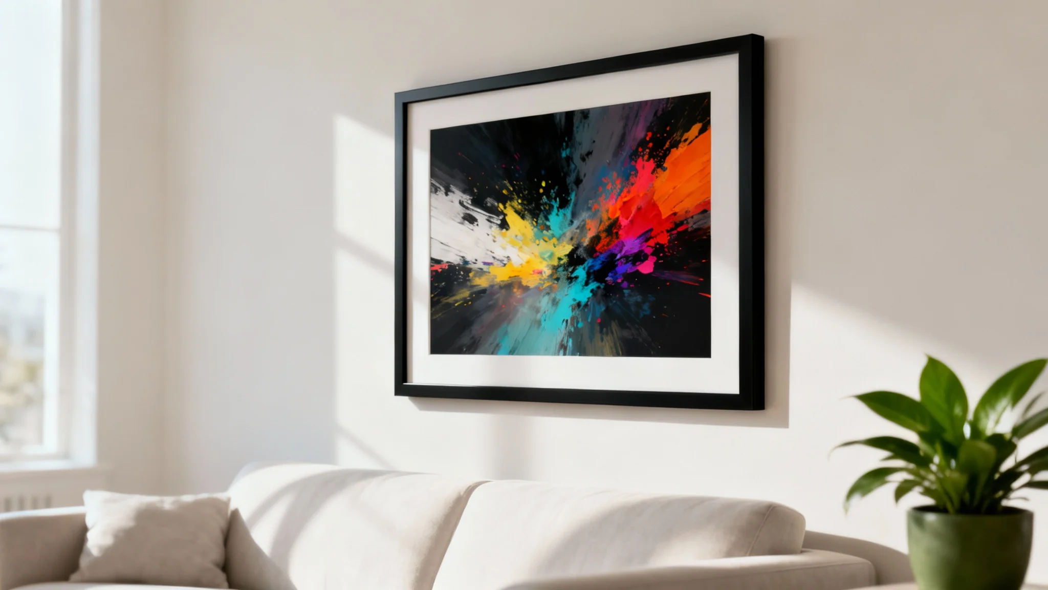 A modern black frame hangs on the wall of a stylish living room, showcasing a colorful abstract art print as a product mockup.