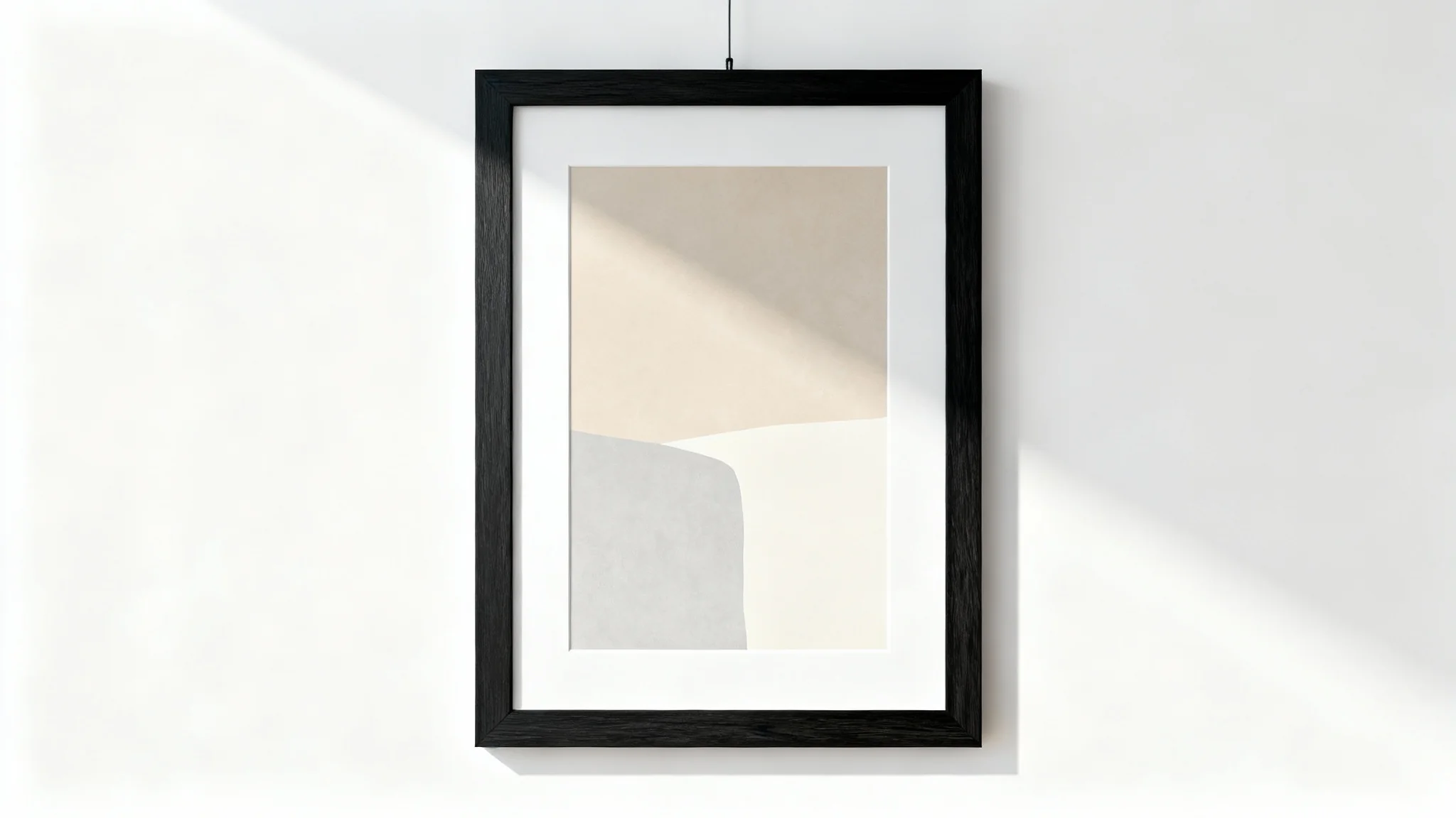 A professional mockup of a single vertical black frame containing abstract art, hanging centered on a clean white wall.