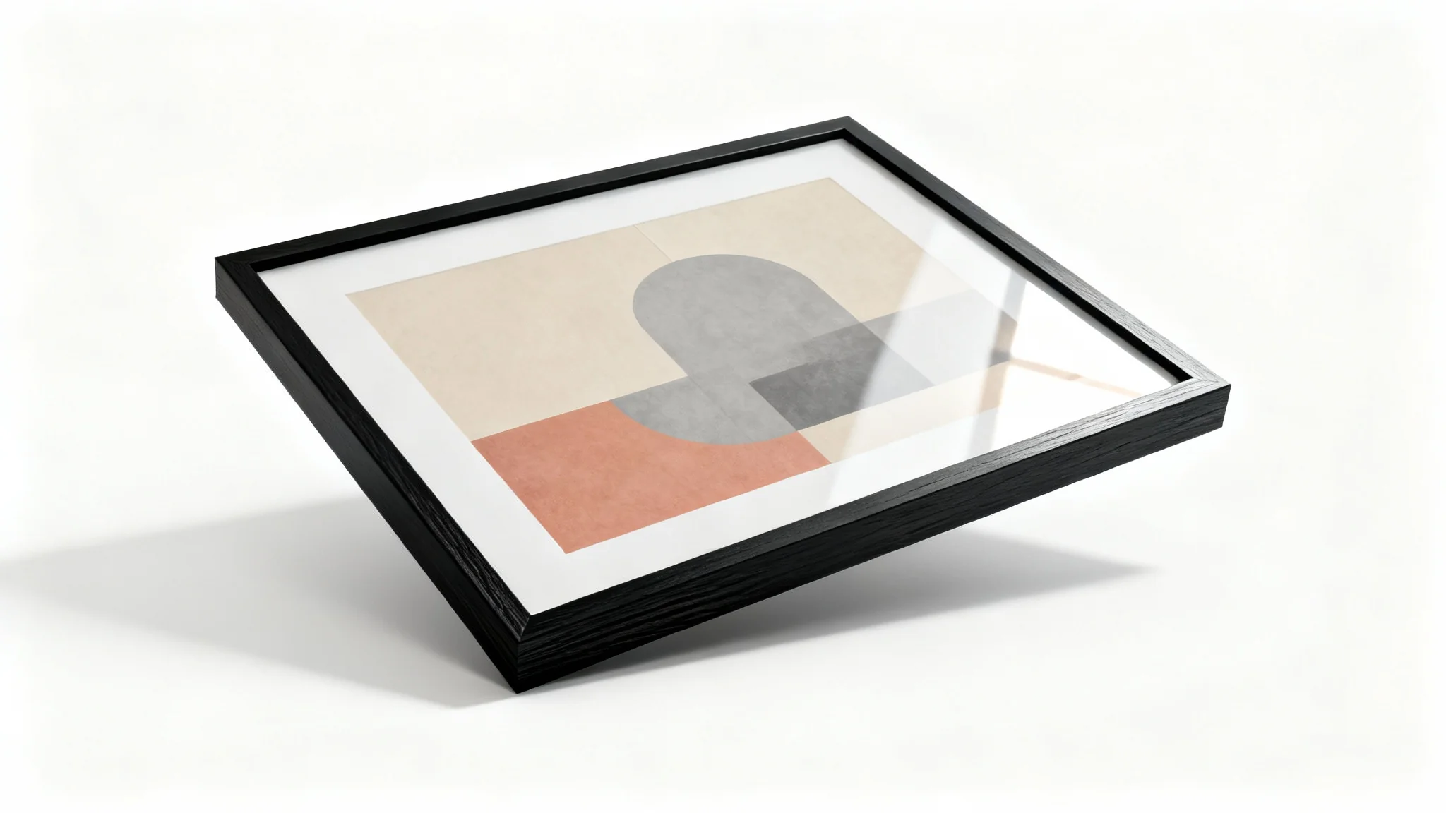 A minimalist product mockup showing a single, modern black picture frame with abstract art inside, leaning against a clean white background.