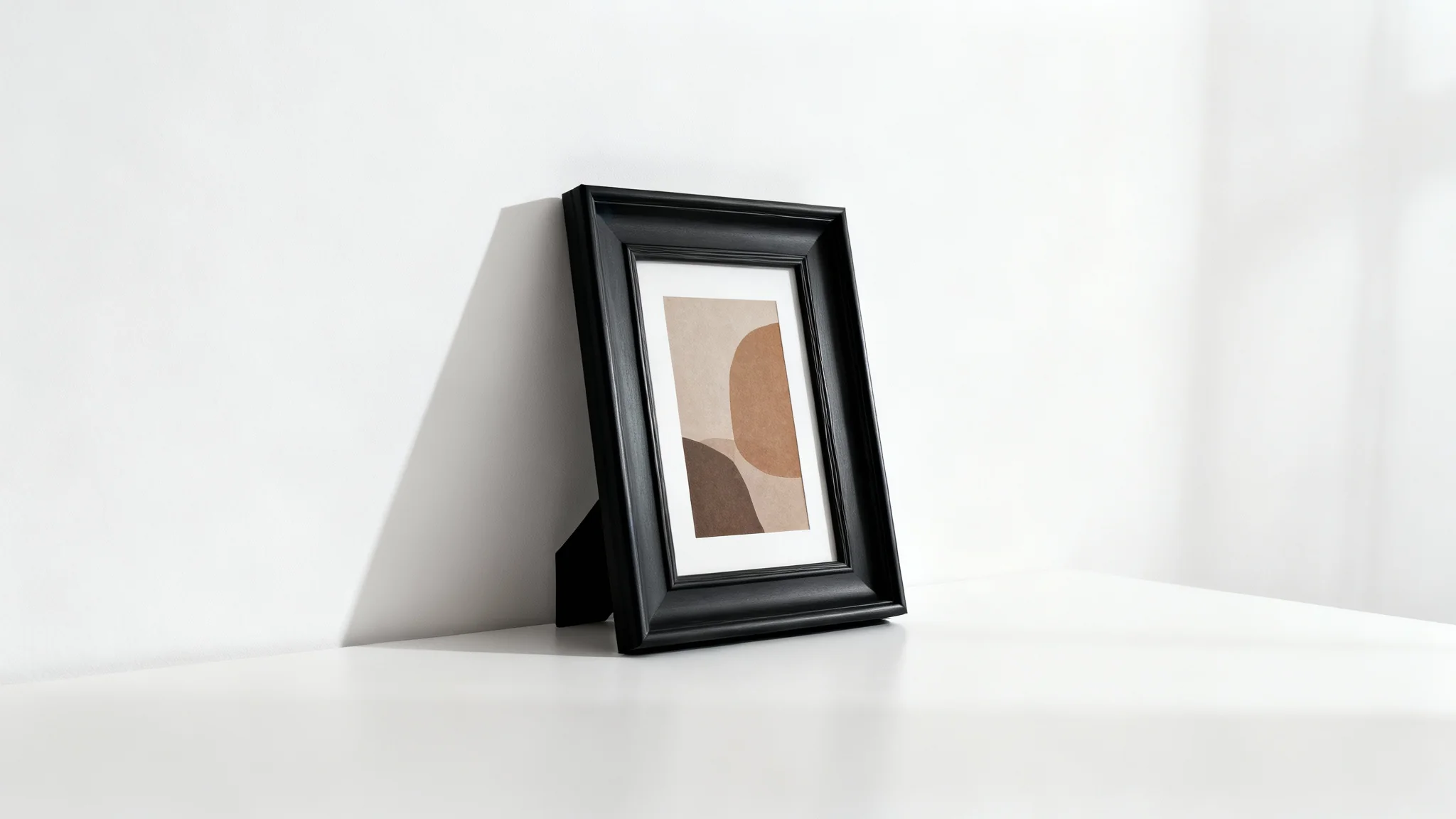 A minimalist black picture frame mockup with an abstract art print inside, standing on a white surface against a white background.