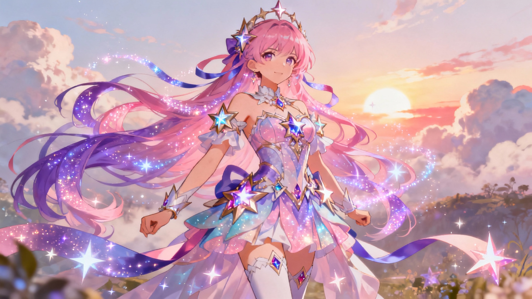 A fully transformed anime magical girl stands heroically against a sunset sky. Her long pink and purple hair sparkles, and she wears a detailed pastel outfit with stars and ribbons, glowing with a soft magical aura.