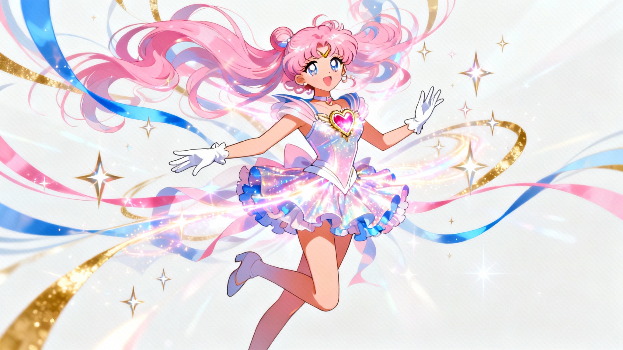 An anime-style magical girl with pink hair joyfully floats mid-air as she transforms, surrounded by swirling ribbons of light, sparkles, and energy against a clean white background.
